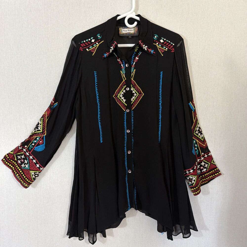 VINTAGE COLLECTION Embroidered Button Down Chiffon Western Boho Tunic Top XL